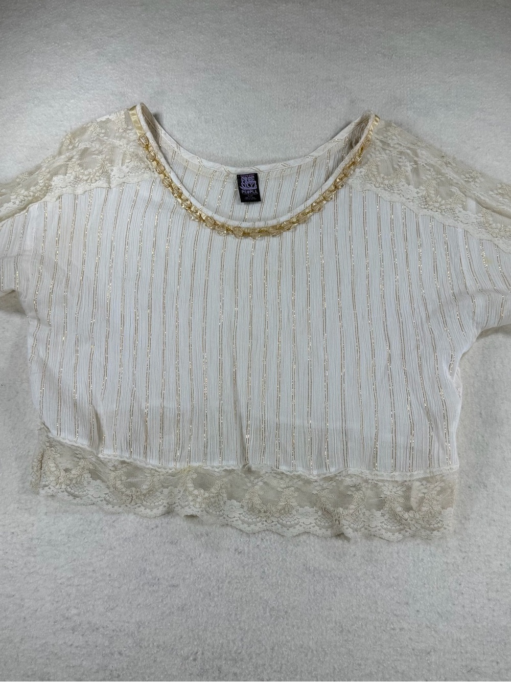 Free People Short Sleeve Lace Top Cream Gold Boho Festival Cropped Blouse Size S
